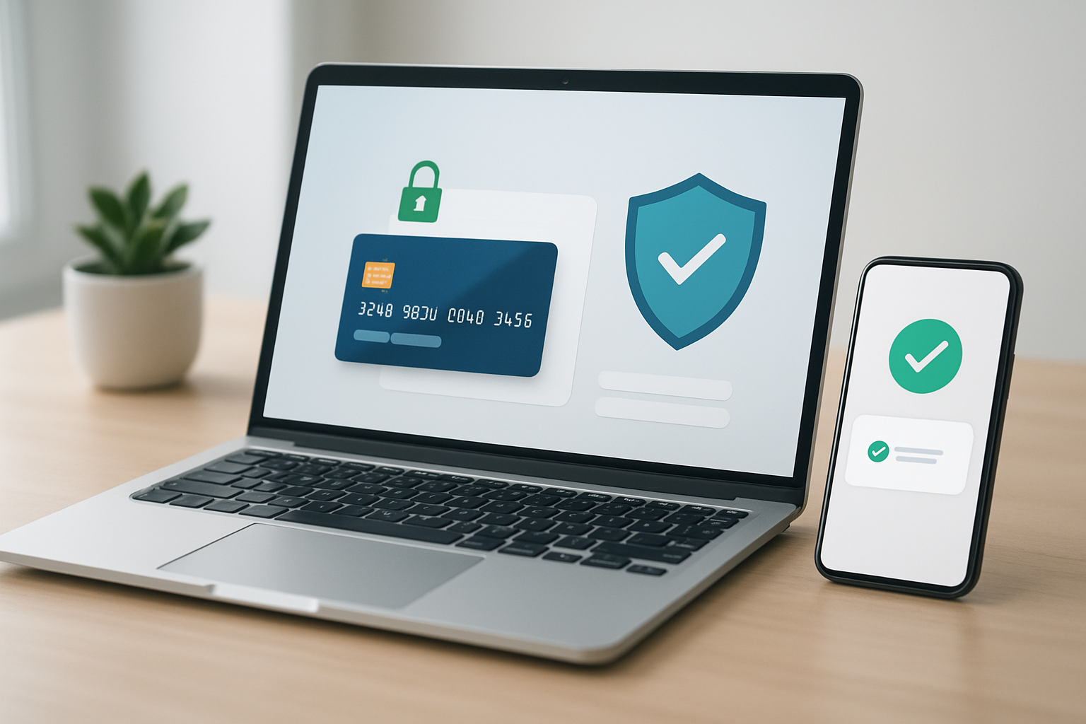Create a realistic image of a secure online payment interface on a laptop screen showing a credit card transaction form with SSL security padlock icons, shield symbols representing purchase protection, and a smartphone displaying payment confirmation notifications on a clean modern desk with soft natural lighting from a window, conveying trust and digital security for online pharmaceutical purchases, absolutely NO text should be in the scene.