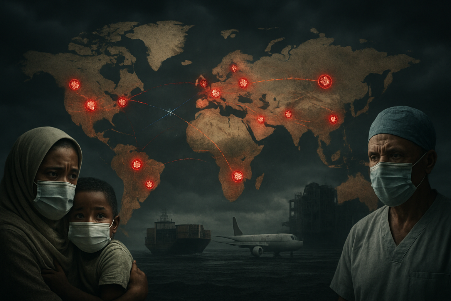 Create a realistic image of a world map showing interconnected disease outbreak hotspots with red warning indicators spreading across continents, broken communication lines between countries represented by severed digital connections, medical supply chains disrupted with empty cargo ships and grounded planes, vulnerable populations in developing nations without protective medical equipment, crumbling hospital infrastructure in the background, dark stormy sky overhead creating an ominous atmosphere, dim lighting suggesting uncertainty and crisis, absolutely NO text should be in the scene.