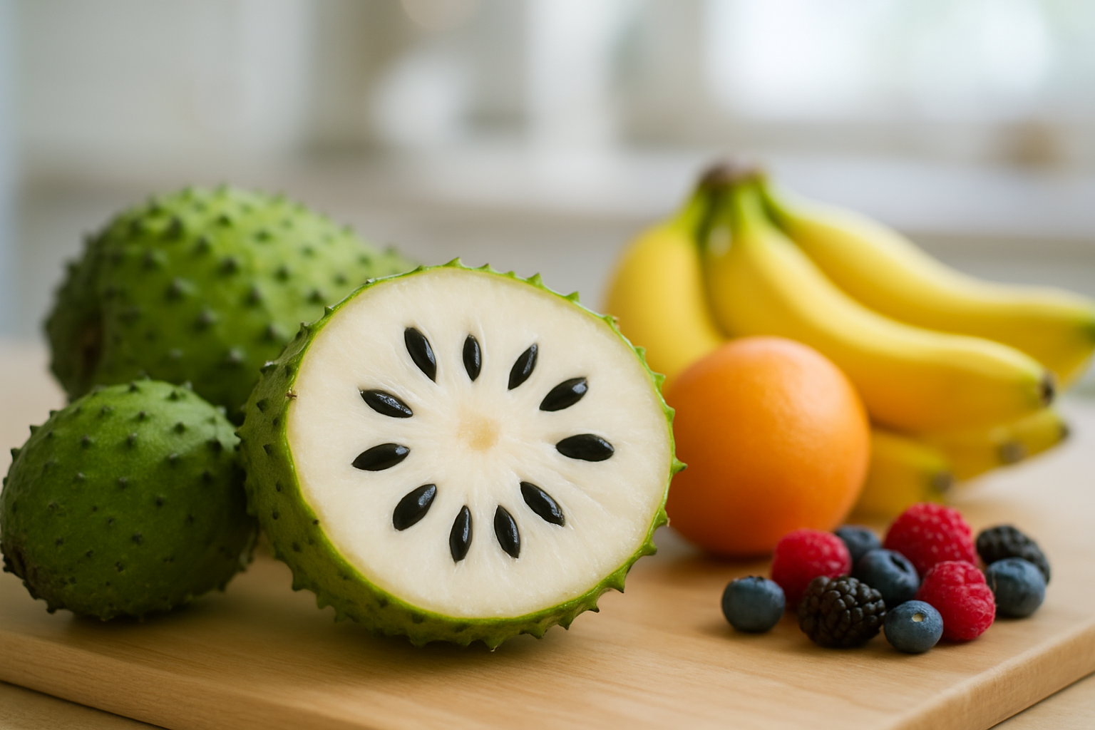 Create a realistic image of a fresh soursop fruit cut in half displaying its creamy white flesh with black seeds, surrounded by whole soursop fruits with their distinctive green spiky skin, alongside colorful fresh fruits like oranges, bananas, and berries on a clean wooden cutting board, with soft natural lighting highlighting the nutritious interior of the soursop, set against a bright kitchen background with subtle bokeh effect, absolutely NO text should be in the scene.