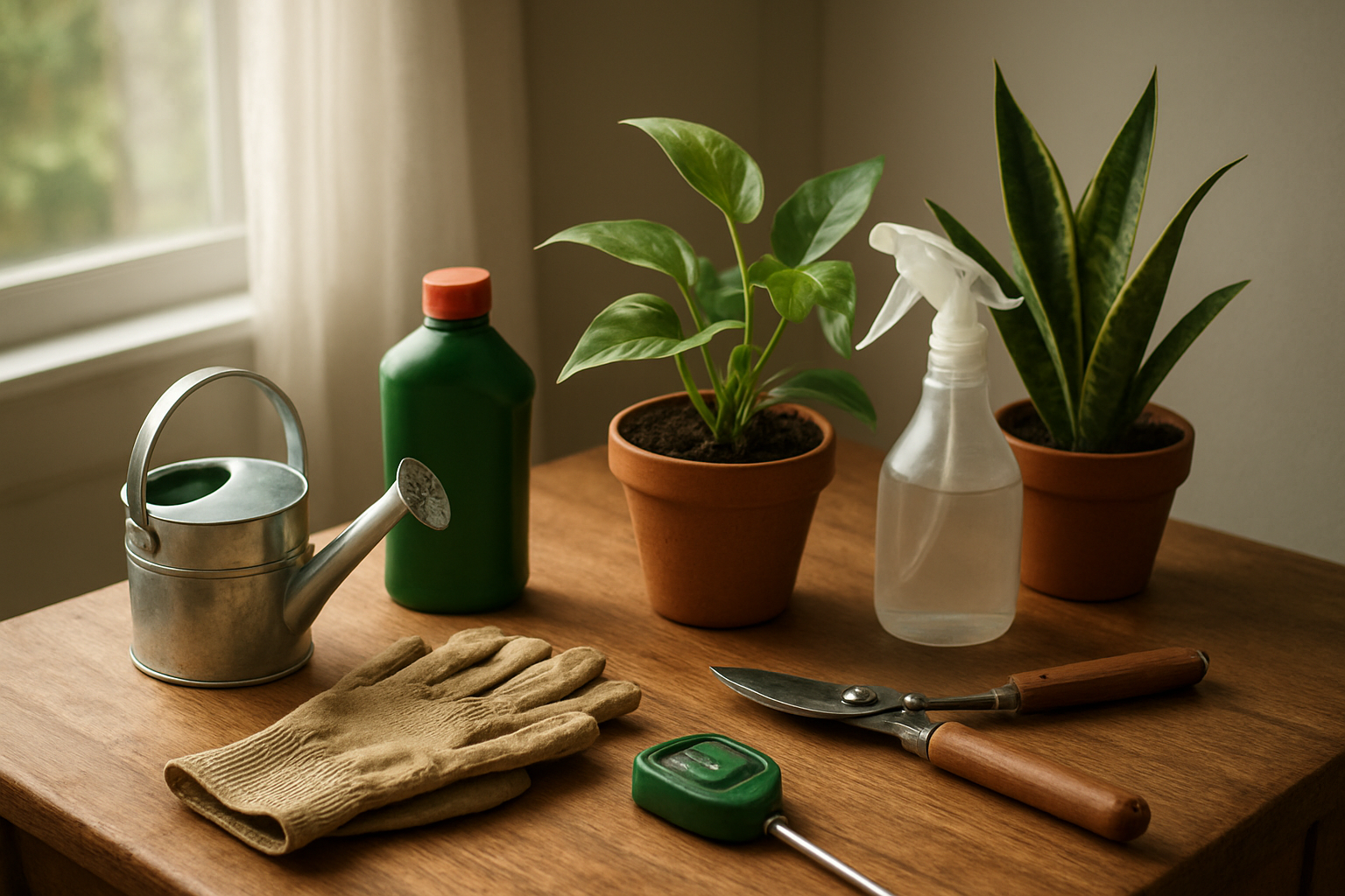 Create a realistic image of a cozy indoor scene showing essential plant care tools and supplies arranged on a wooden table, including a small watering can, plant fertilizer bottle, pruning shears, spray bottle, small potted beginner-friendly plants like pothos and snake plants, gardening gloves, and a moisture meter, with soft natural lighting streaming through a nearby window creating gentle shadows, featuring a warm and inviting atmosphere that suggests learning and nurturing plant care, absolutely NO text should be in the scene.