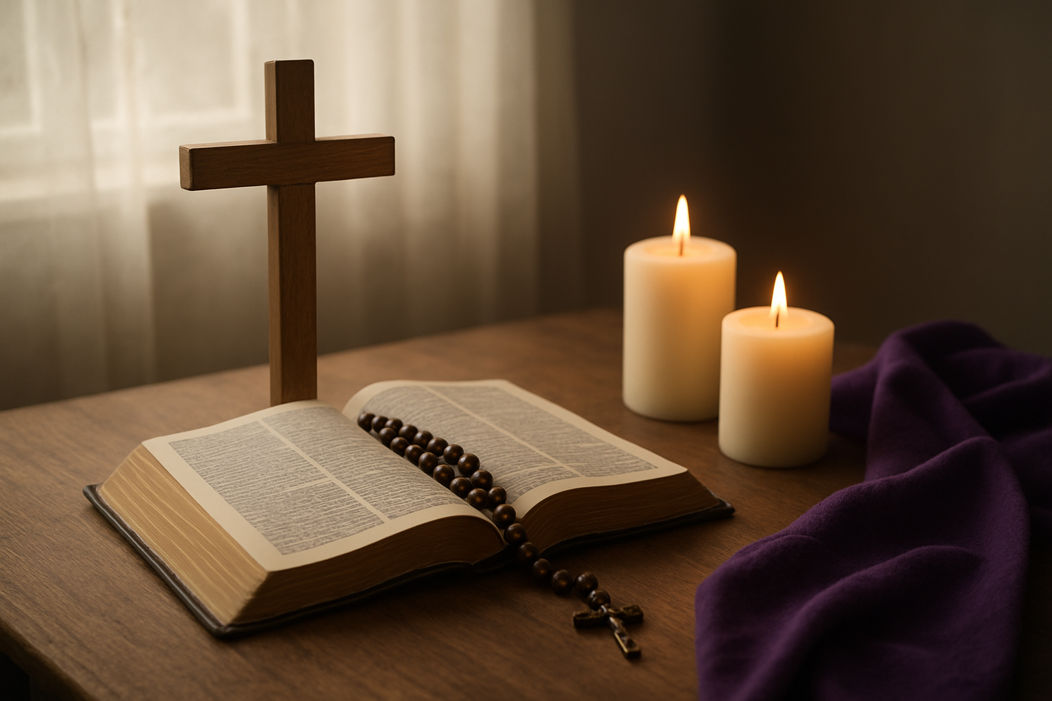 Create a realistic image of a peaceful prayer scene with a wooden cross, open Bible, rosary beads, and lit candles arranged on a simple wooden table, surrounded by soft natural lighting streaming through a window, creating a serene atmosphere for spiritual reflection and meditation, with purple Lenten cloth draped nearby, absolutely NO text should be in the scene.
