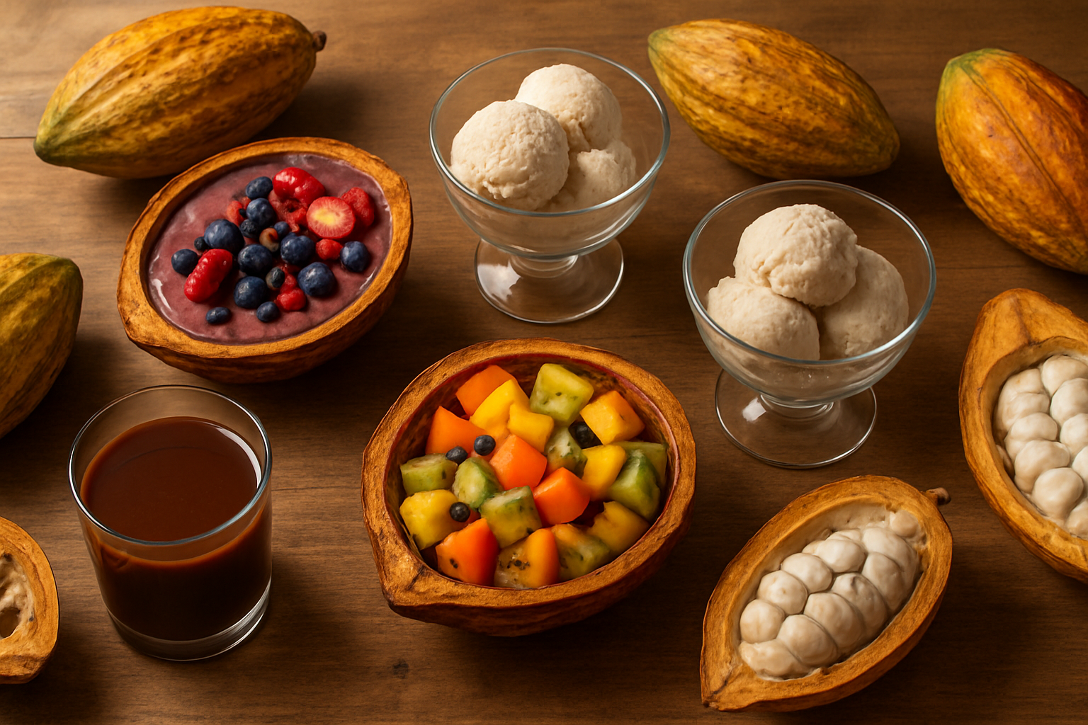 Create a realistic image of various innovative culinary creations made with cacao fruit displayed on a rustic wooden table, including cacao fruit smoothie bowls topped with fresh berries, cacao pulp ice cream scoops in elegant glass bowls, fermented cacao juice in clear glasses, cacao fruit salad with tropical fruits, and artisanal cacao pod shells used as serving vessels, surrounded by fresh whole cacao pods split open to reveal white pulp and dark seeds, with soft natural lighting creating warm shadows, shot from above in a food photography style with a clean kitchen background, absolutely NO text should be in the scene.