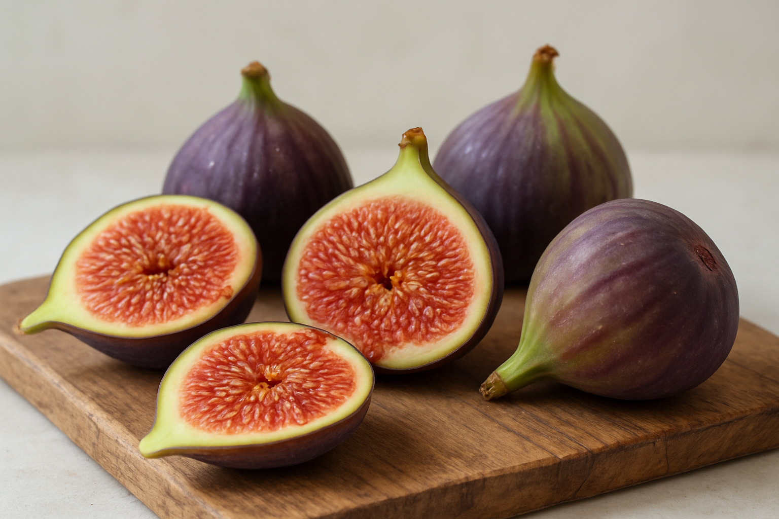 Create a realistic image of fresh figs displayed in cross-section and whole, showing the unique interior flesh with seeds and the purple-green exterior skin, arranged on a rustic wooden cutting board with natural daylight illuminating the detailed texture and vibrant colors of the fruit, set against a clean neutral background that emphasizes the fig's distinctive characteristics. Absolutely NO text should be in the scene.