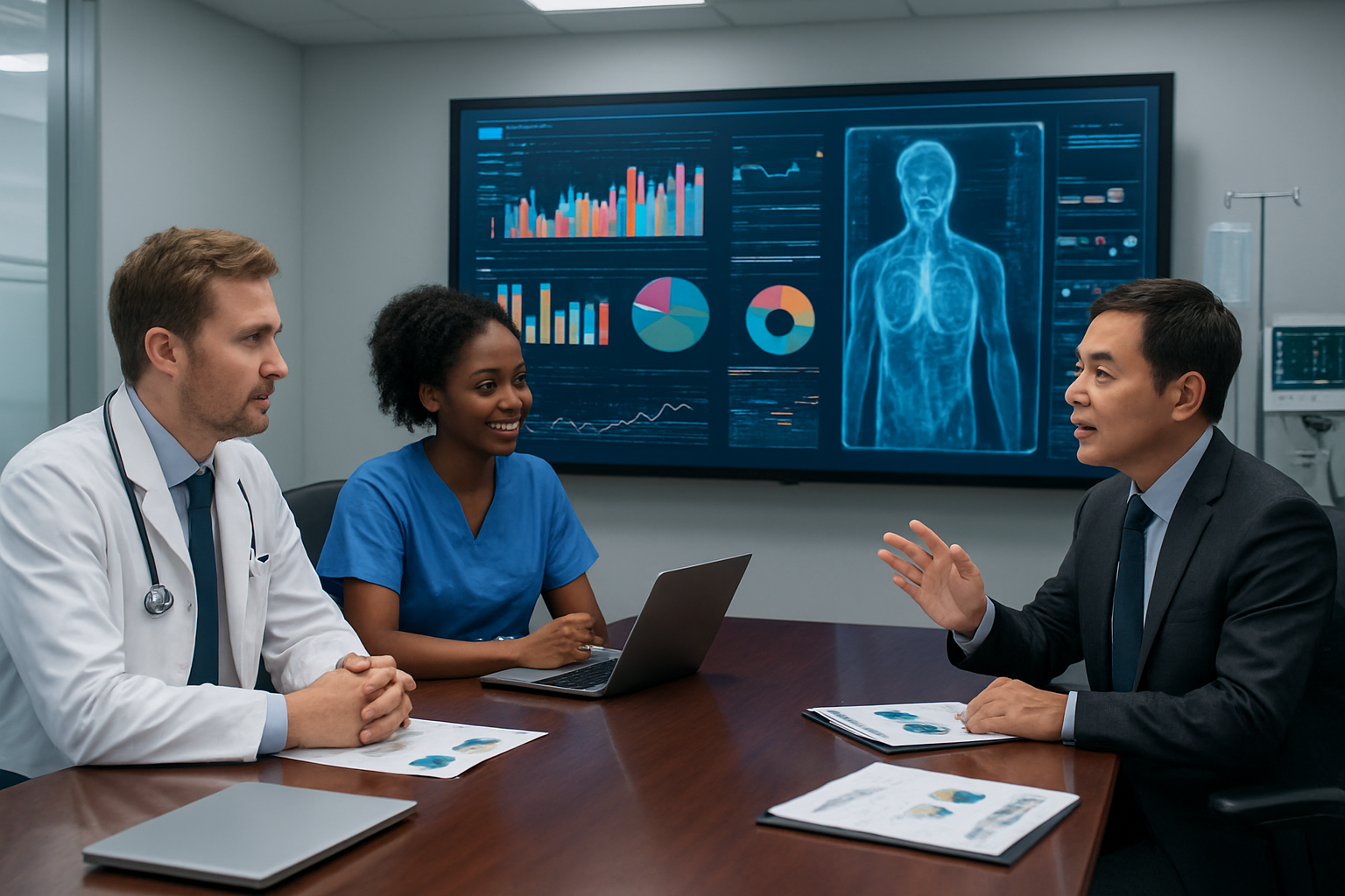 Create a realistic image of a modern hospital boardroom with a large wall-mounted screen displaying colorful data analytics charts and AI diagnostic imagery, featuring a diverse group of healthcare professionals including a white male doctor in a white coat, a black female nurse in scrubs, and an Asian male healthcare administrator in business attire, all seated around a polished conference table with laptops and medical reports, bright fluorescent lighting creating a professional atmosphere, with medical equipment and AI monitoring devices visible in the background, conveying success and innovation in healthcare technology implementation, absolutely NO text should be in the scene.