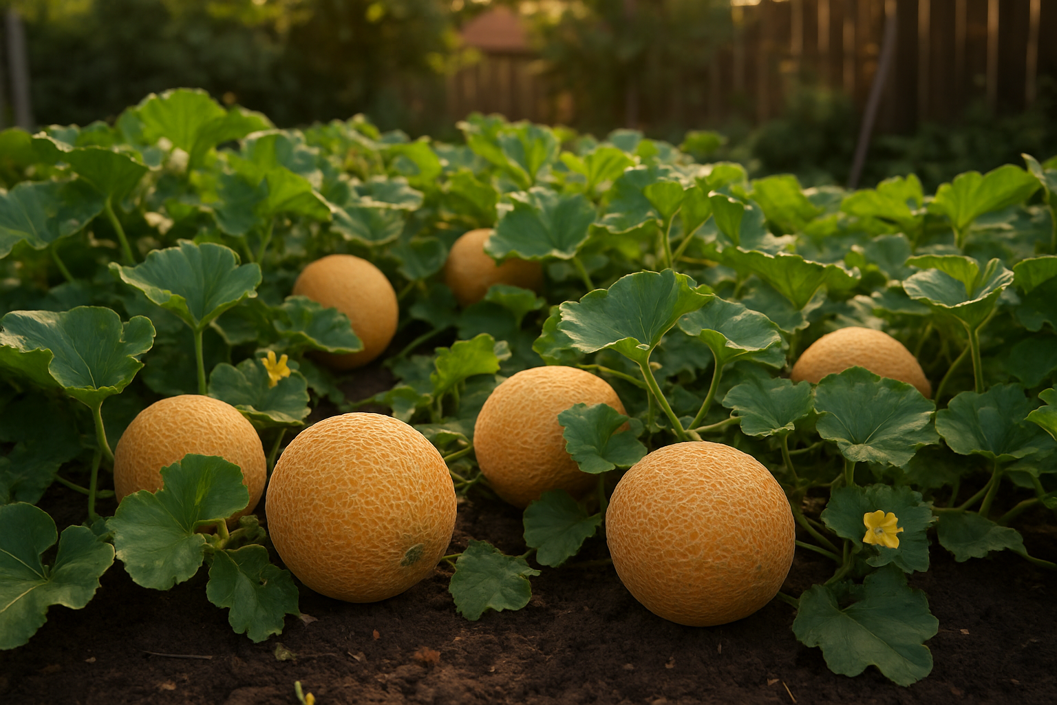 Create a realistic image of a thriving cantaloupe garden in a backyard setting with healthy cantaloupe vines growing on the ground, showing several ripe orange-netted cantaloupes of various sizes nestled among large green leaves, rich dark soil visible between the plants, a few yellow cantaloupe flowers blooming on the vines, warm natural sunlight filtering through the scene creating gentle shadows, and a residential garden atmosphere with perhaps a wooden fence or garden tools subtly visible in the background, captured during golden hour lighting that emphasizes the successful home cultivation of these melons, absolutely NO text should be in the scene.