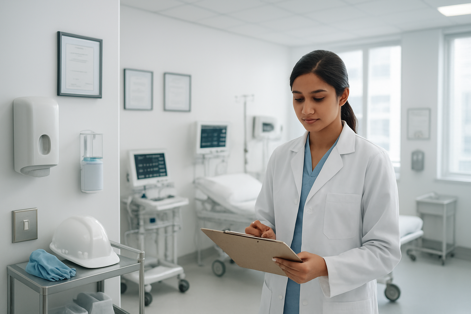 Create a realistic image of a modern medical facility interior showcasing safety equipment and protocols, featuring sterile white examination rooms with advanced medical monitoring devices, safety certification plaques on walls, hand sanitization stations, protective equipment storage, clean stainless steel surfaces, bright clinical lighting, and safety checklists visible on clipboards, with a professional South Asian female medical staff member in white coat reviewing safety protocols, set in a pristine healthcare environment with soft natural lighting streaming through large windows, conveying trust and medical excellence, absolutely NO text should be in the scene.