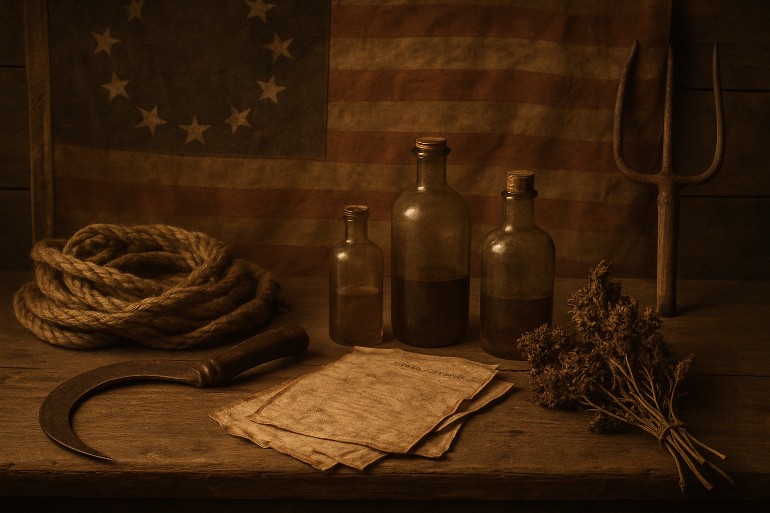 Create a realistic image of an antique wooden table displaying historical American artifacts including old hemp rope, colonial-era farming tools, vintage glass medicine bottles, weathered historical documents, and dried cannabis plants, set against a rustic wooden background with warm, soft lighting that evokes early American colonial period, with subtle patriotic elements like a faded American flag in the background, captured in sepia and earth tones to convey historical significance and cultural heritage, absolutely NO text should be in the scene.