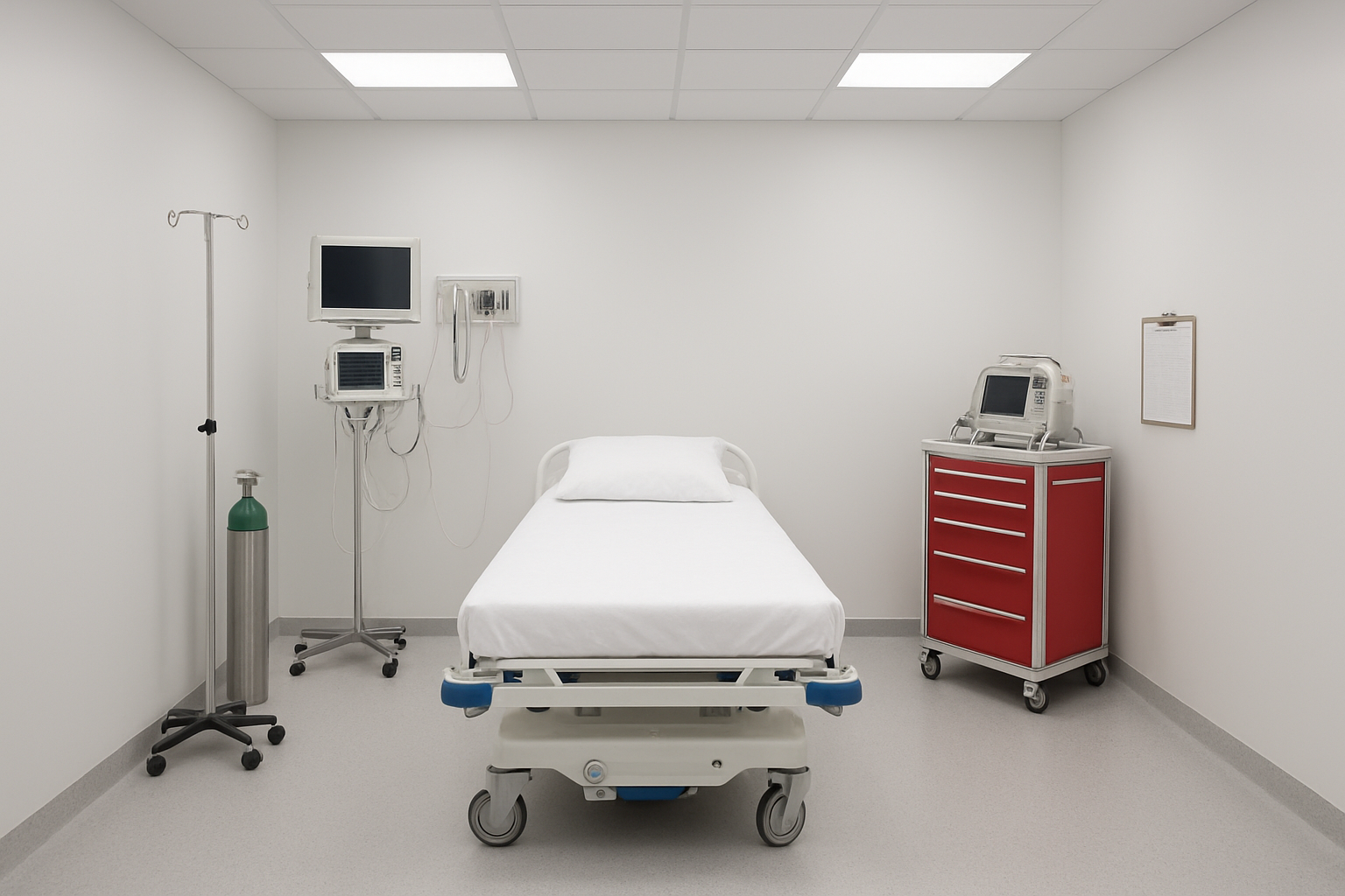 Create a realistic image of a sterile medical examination room with a hospital bed, medical monitoring equipment including ECG machine and blood pressure monitor, oxygen tank, emergency medical cart with defibrillator, IV stand, and medical charts on a clipboard, all arranged in a clean clinical setting with bright white fluorescent lighting, white walls, and medical-grade flooring, conveying a professional healthcare environment focused on patient safety and medical preparedness, absolutely NO text should be in the scene.