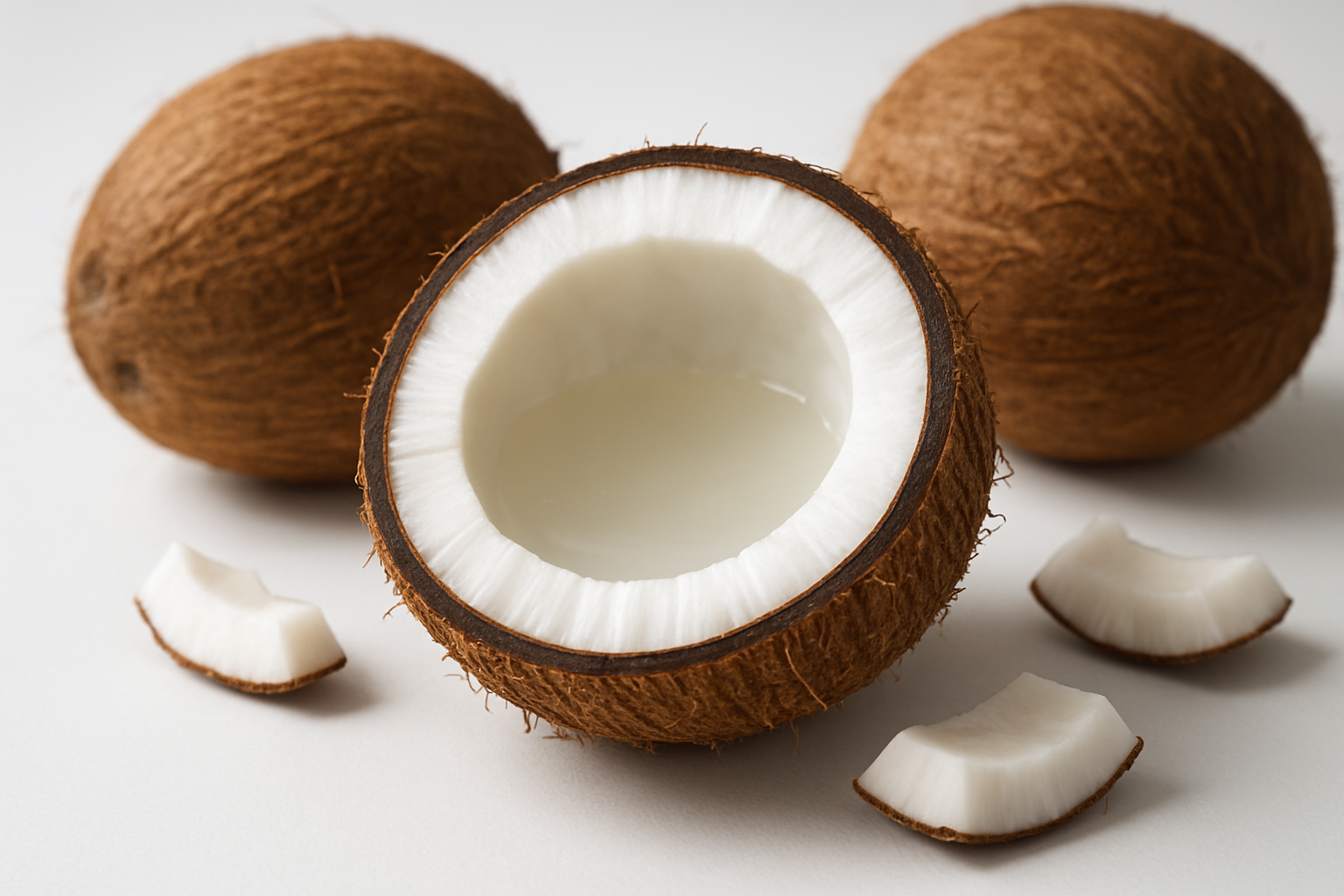 Create a realistic image of a coconut cut in cross-section showing its detailed anatomy with the outer fibrous husk, hard brown shell, white coconut meat, and clear coconut water in the center cavity, placed on a clean white surface with natural lighting highlighting the different layers and textures of each component, with additional whole coconuts and coconut pieces arranged around it for reference, shot in a clean educational style with soft shadows and bright natural lighting. Absolutely NO text should be in the scene.