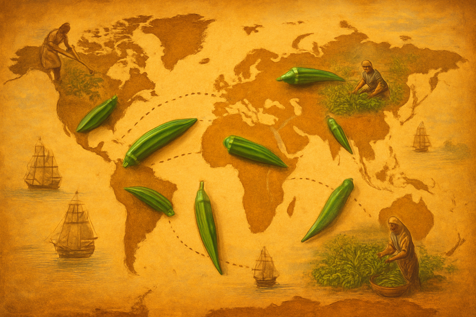 Create a realistic image of a world map showing okra's global journey with fresh okra pods scattered across different continents, ancient trade routes marked as dotted lines connecting Africa to Asia and the Americas, vintage sailing ships on ocean areas, traditional African, Middle Eastern, and Asian agricultural scenes in the background showing okra cultivation through history, warm golden lighting suggesting historical significance, rich earth tones and vibrant greens from okra plants, absolutely NO text should be in the scene.