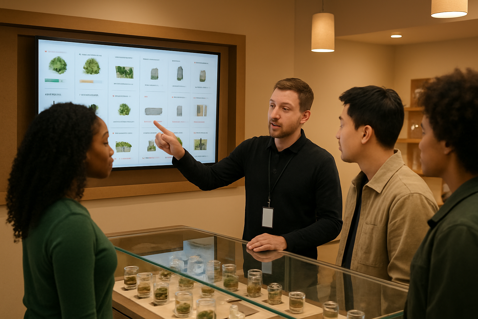 Create a realistic image of a white male budtender behind a modern dispensary counter helping a diverse group of customers (including a black female and an Asian male) who are looking at a large digital menu board displaying various cannabis products with categories and options, the budtender is pointing at the menu while explaining different products, the scene is set in a clean, well-lit dispensary with warm lighting, glass display cases containing cannabis products are visible, the atmosphere is professional and welcoming with a focus on customer service and education, absolutely NO text should be in the scene.