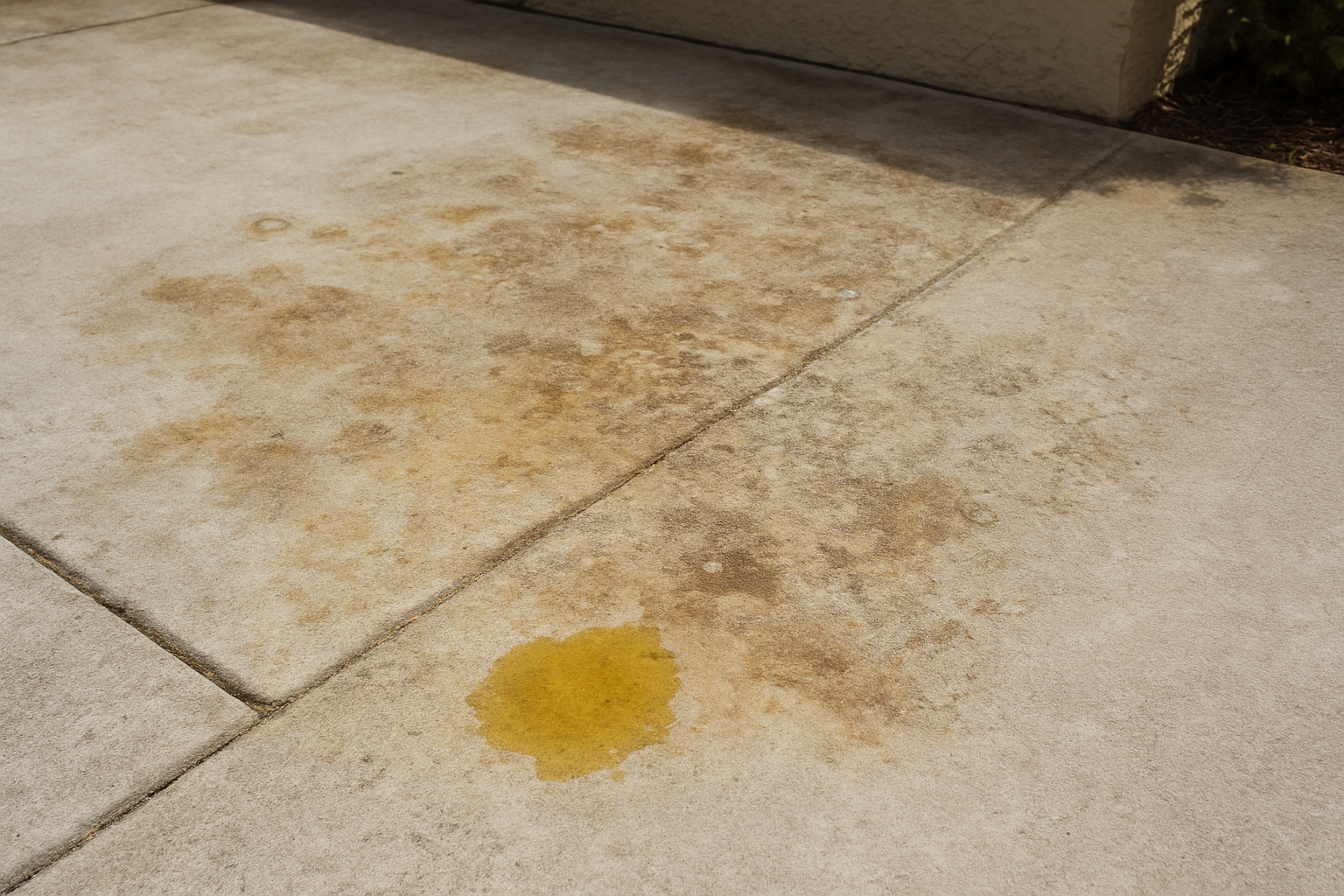 Create a realistic image of a concrete patio surface with visible staining and discoloration damage caused by dog urine, showing yellowish-brown spots and darker patches on gray concrete, with some areas appearing etched or slightly deteriorated, a small puddle of fresh urine visible on the surface, natural outdoor lighting casting soft shadows, clean undamaged concrete visible for comparison, outdoor patio setting with subtle background elements like part of a house wall or garden edge, documentary-style composition that clearly demonstrates the contrast between damaged and undamaged concrete areas, absolutely NO text should be in the scene.