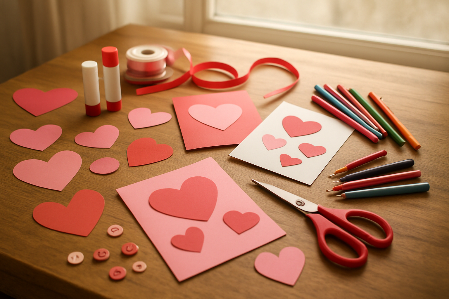 Create a realistic image of a cozy crafting workspace with handmade Valentine's Day decorations spread across a wooden table, including heart-shaped paper cutouts in pink and red, craft scissors, glue sticks, colorful markers, ribbon spools, and partially completed DIY Valentine cards, with soft natural lighting from a nearby window creating a warm and inviting atmosphere, surrounded by creative supplies like washi tape and decorative buttons, absolutely NO text should be in the scene.