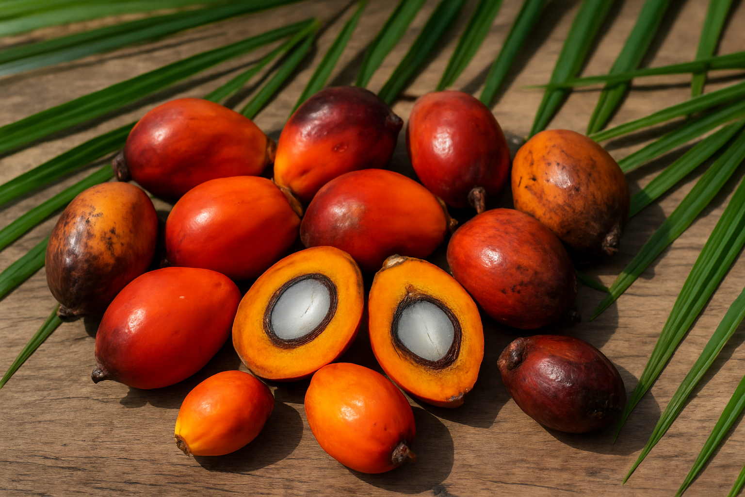 Create a realistic image of fresh palm fruits in various stages of ripeness displayed on a wooden surface, showing both whole orange-red palm fruits and cut-open specimens revealing the inner flesh and seeds, with some fruits appearing perfectly ripe with vibrant coloring while others show signs of overripeness or underripeness for comparison, surrounded by palm fronds as natural decoration, captured in bright natural daylight with soft shadows, absolutely NO text should be in the scene.