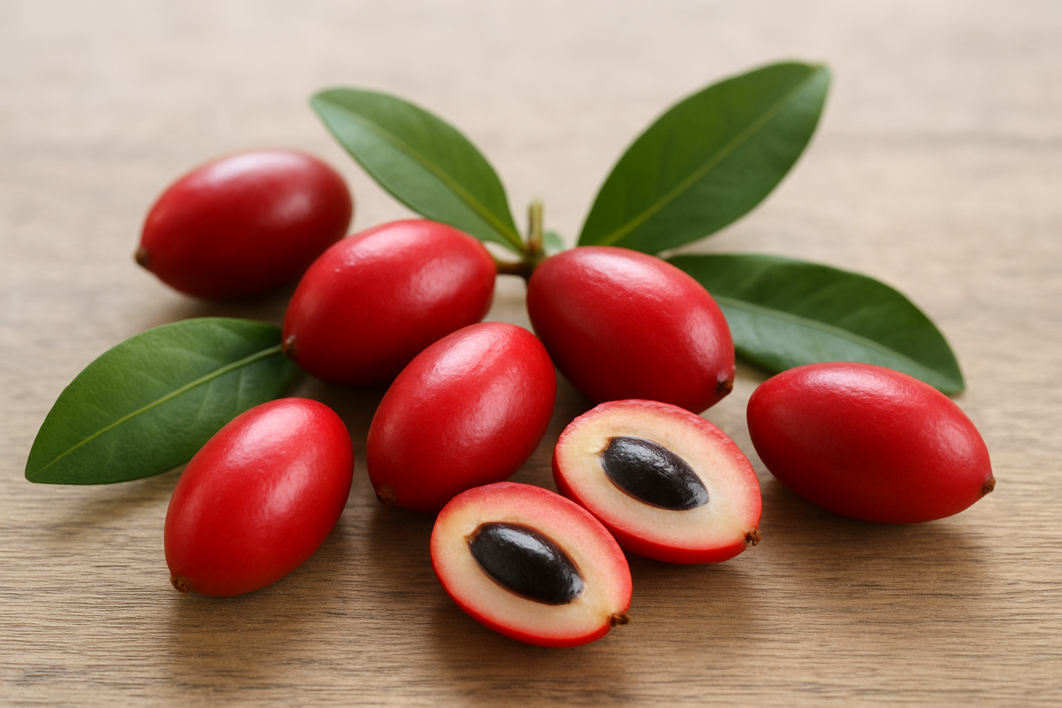 Create a realistic image of fresh miracle fruit berries (Synsepalum dulcificum) displayed on a natural wooden surface, showing the small red oval-shaped fruits both whole and cut in half to reveal the white flesh and dark seed inside, surrounded by green miracle fruit leaves, with soft natural lighting highlighting the texture and vibrant red color of the berries, set against a clean neutral background that emphasizes the botanical details of this unique African fruit, absolutely NO text should be in the scene.
