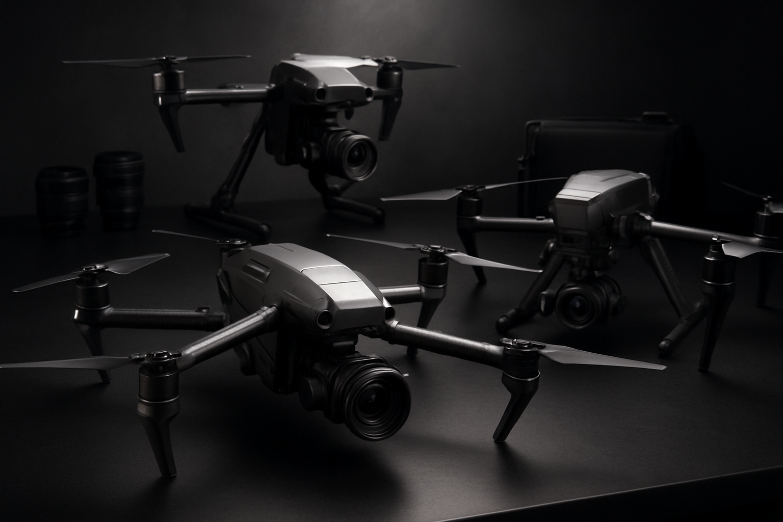 Create a realistic image of three high-end professional drones displayed on a sleek black surface in a modern studio setting, featuring different premium models with advanced camera gimbals and sophisticated designs, complemented by professional photography equipment like camera lenses and accessories in the background, dramatic lighting with soft shadows highlighting the metallic and carbon fiber details of the drones, creating a luxurious and technical atmosphere that emphasizes quality and professional craftsmanship, absolutely NO text should be in the scene.
