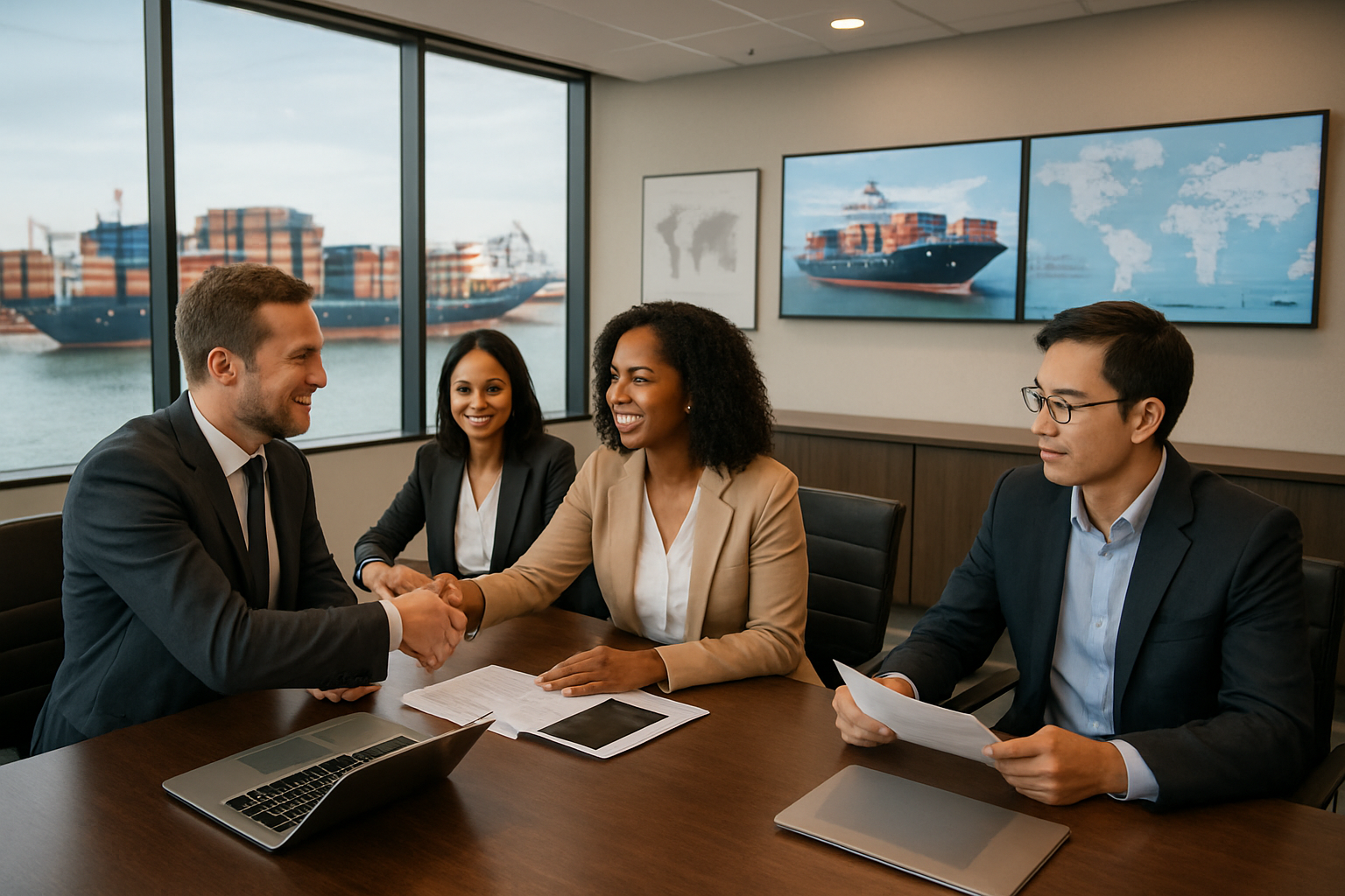 Create a realistic image of a modern office conference room with a diverse group of business professionals including a white male, black female, and Asian male sitting around a sleek conference table reviewing import documents and shipping containers visible through large windows in the background, with laptops, tablets, and cargo ship imagery on wall monitors, warm professional lighting creating an atmosphere of successful collaboration and partnership, handshakes occurring between team members, modern minimalist office design with global trade elements like world maps and logistics charts on walls, conveying growth and success in international trade, absolutely NO text should be in the scene.