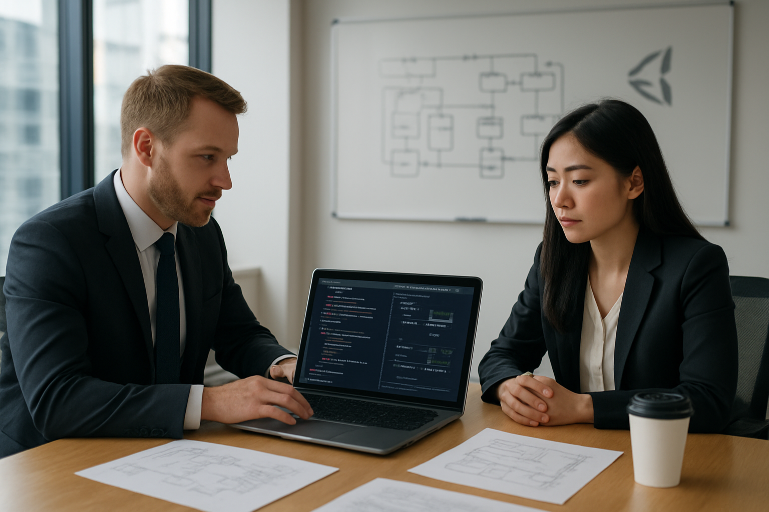 Create a realistic image of a modern office conference room with a white male interviewer in business attire sitting across from an Asian female candidate, both focused on a laptop screen displaying Java code snippets and UML diagrams, with a whiteboard in the background showing system architecture drawings, bright natural lighting from large windows, professional atmosphere with subtle tech company branding on wall, desk scattered with technical documents and a coffee cup, absolutely NO text should be in the scene.