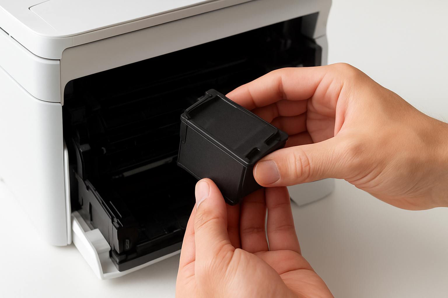 Create a realistic image of hands carefully removing a black ink cartridge from an HP MFP 139fnw printer, showing the printer's open front panel with the cartridge compartment visible, the cartridge being lifted out with fingers gripping its sides, clean white desk surface in the background, bright even lighting illuminating the scene clearly, close-up perspective focusing on the cartridge removal action, absolutely NO text should be in the scene.