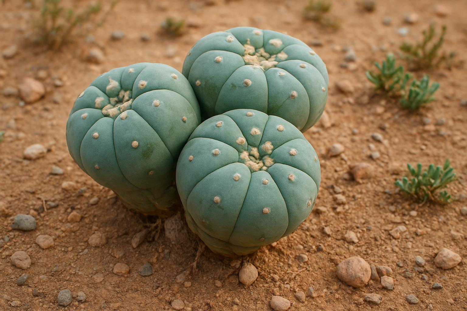 Create A Realistic Image Of A Mature Lophophora Williamsii Peyote Cactus With Three Distinct Heads Growing From A Single Root System, Positioned On Natural Desert Soil With Small Rocks And Pebbles, Featuring The Characteristic Blue-Green Ribbed Surface And Woolly Areoles, Surrounded By Subtle Desert Vegetation Like Small Succulents In Soft Natural Lighting That Highlights The Texture And Unique Three-Headed Formation, Captured From A Slight Overhead Angle To Showcase All Three Heads Clearly, With Warm Earth Tones And A Peaceful Botanical Atmosphere. Absolutely No Text Should Be In The Scene.
