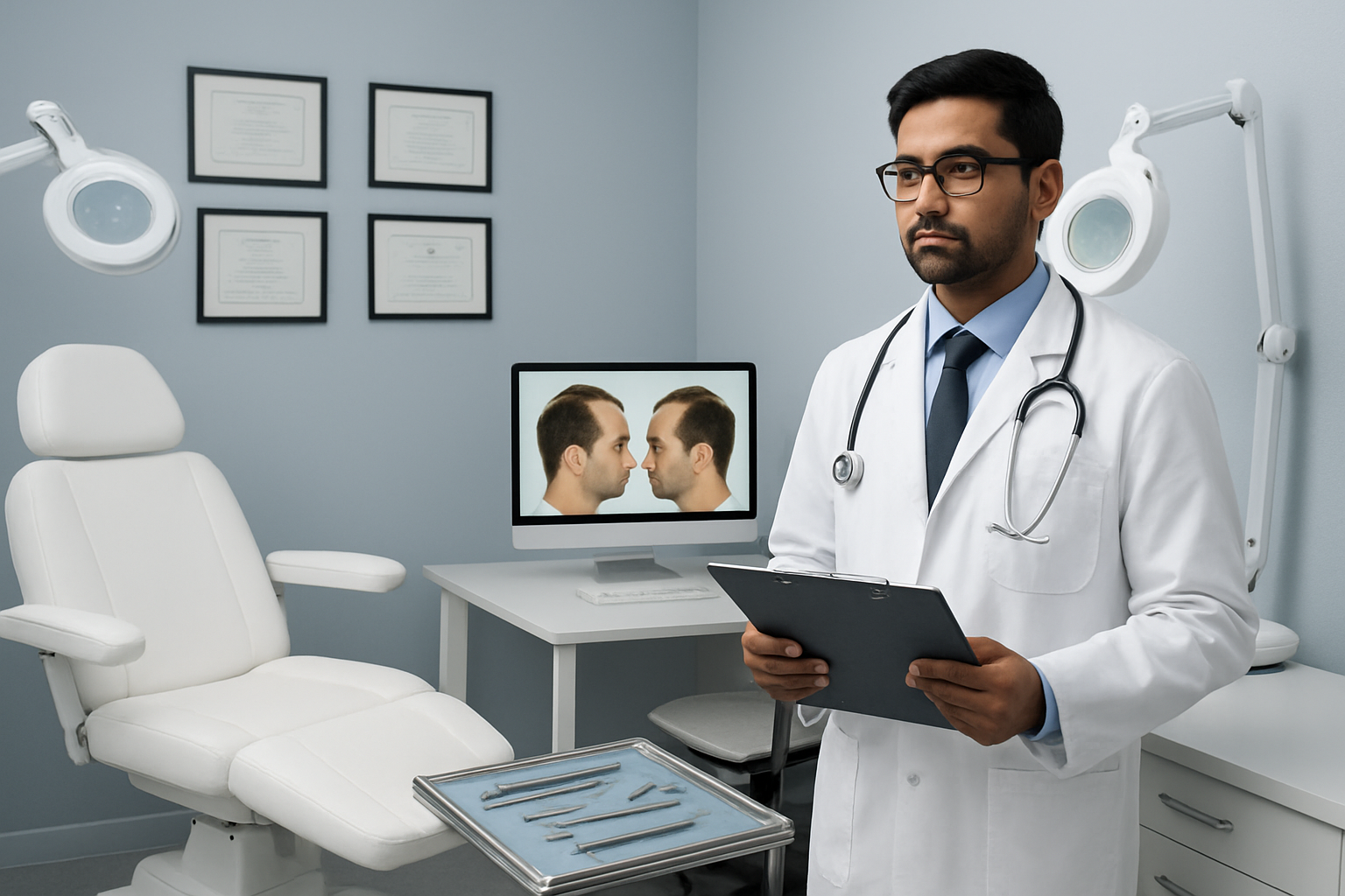 Create a realistic image of a modern, professional medical consultation room with a clean white examination chair, medical certificates and diplomas hanging on the wall, a sleek desk with a computer showing before-and-after hair transplant results, medical equipment including magnifying lamps and surgical instruments neatly arranged on a sterile tray, a professional Indian male doctor in a white coat holding a consultation folder, bright clinical lighting, sterile medical environment with blue and white color scheme, and a checklist clipboard on the desk, absolutely NO text should be in the scene.