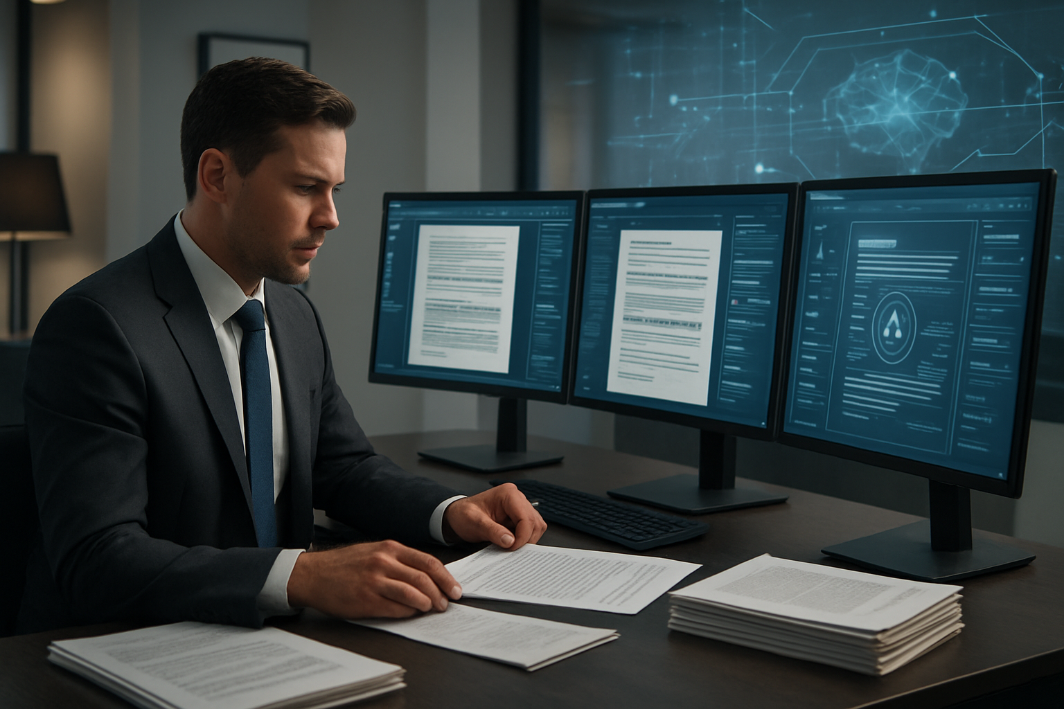 Create a realistic image of a modern law office with a white male lawyer in a suit sitting at a sleek desk, reviewing legal documents on multiple computer monitors displaying contract analysis software interfaces, with AI-powered document scanning technology visible on screens, stacks of legal papers and contracts organized on the desk, professional lighting illuminating the contemporary workspace, and digital overlay elements suggesting artificial intelligence processing in the background. Absolutely NO text should be in the scene.