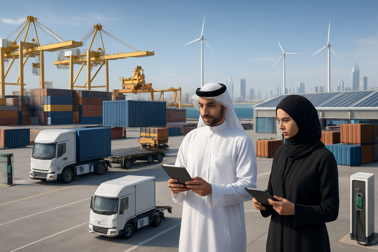 Create a realistic image of a modern Middle Eastern port facility with electric cargo trucks and automated loading equipment moving shipping containers, featuring solar panels on warehouse rooftops, wind turbines in the background, Arab male and female logistics professionals in business attire monitoring operations on tablets, with the Persian Gulf waters visible in the distance under bright daylight, showcasing a bustling green technology-driven freight hub with cranes, electric charging stations for vehicles, and clean energy infrastructure, all set against a backdrop of modern Gulf architecture and blue skies, absolutely NO text should be in the scene.