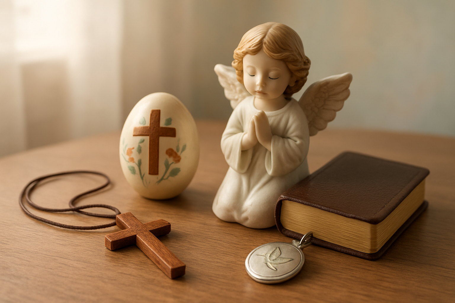 Create a realistic image of a collection of beautiful Christian Easter keepsakes arranged on a wooden table, including a small wooden cross necklace, a delicate porcelain angel figurine, a hand-painted ceramic Easter egg with cross design, a child-sized leather Bible with gold lettering, and a silver locket with engraved dove, all displayed against a soft pastel background with gentle natural lighting streaming through a nearby window, creating warm shadows and highlighting the precious nature of these treasured items, absolutely NO text should be in the scene.