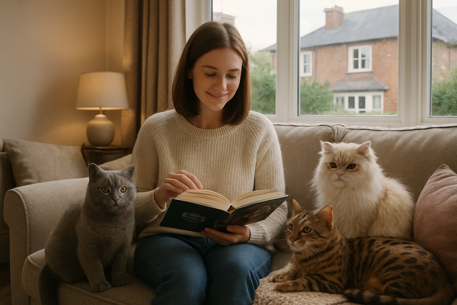 Create a realistic image of a cozy British living room scene showing a white female person sitting on a comfortable sofa surrounded by three different popular cat breeds including a British Shorthair, Persian, and Bengal cat, with the person gently petting one cat while reading a cat breed guide book, warm natural lighting streaming through a window with typical UK residential view outside, homey atmosphere with modern British home decor, soft cushions and throws, creating a peaceful domestic scene that represents choosing the right cat breed for home life, absolutely NO text should be in the scene.