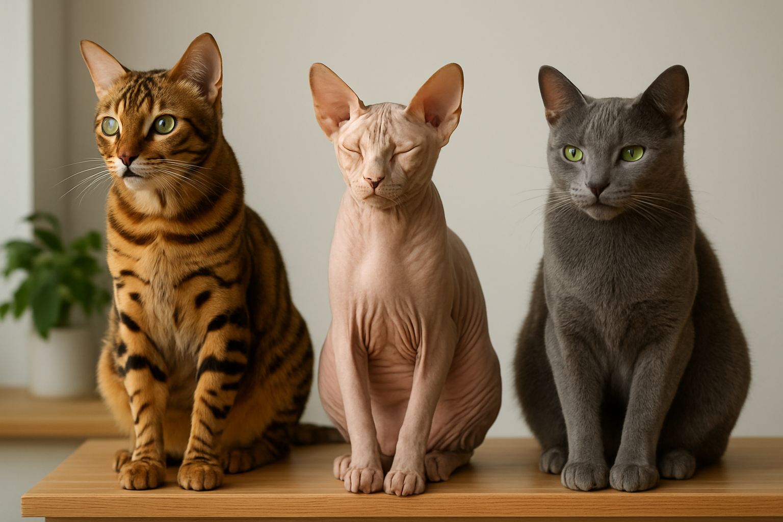 Create a realistic image of three exotic cat breeds with distinctive features sitting gracefully on a modern wooden shelf against a clean, neutral background, featuring a Bengal cat with striking spotted coat patterns, a hairless Sphynx cat with wrinkled skin, and a blue-gray Russian Blue cat with piercing green eyes, all displaying calm and independent postures in soft, natural lighting that highlights their unique characteristics, with subtle houseplants visible in the blurred background to suggest a home environment, absolutely NO text should be in the scene.