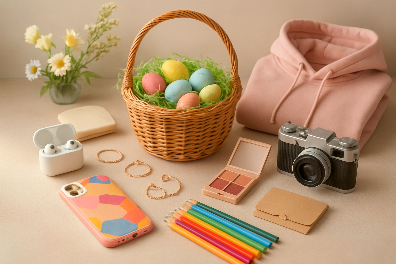 Create a realistic image of a beautifully arranged collection of diverse Easter gifts for teenagers displayed on a soft pastel-colored surface, including wireless earbuds, a smartphone with colorful case, trendy jewelry, makeup palette, art supplies like sketchbooks and colored pencils, a vintage-style camera, a cozy hoodie, and a gift card holder, all artfully scattered around a wicker Easter basket filled with decorative grass and small Easter eggs, with soft natural lighting creating gentle shadows and a warm, celebratory atmosphere in the background featuring subtle spring elements like fresh flowers, absolutely NO text should be in the scene.