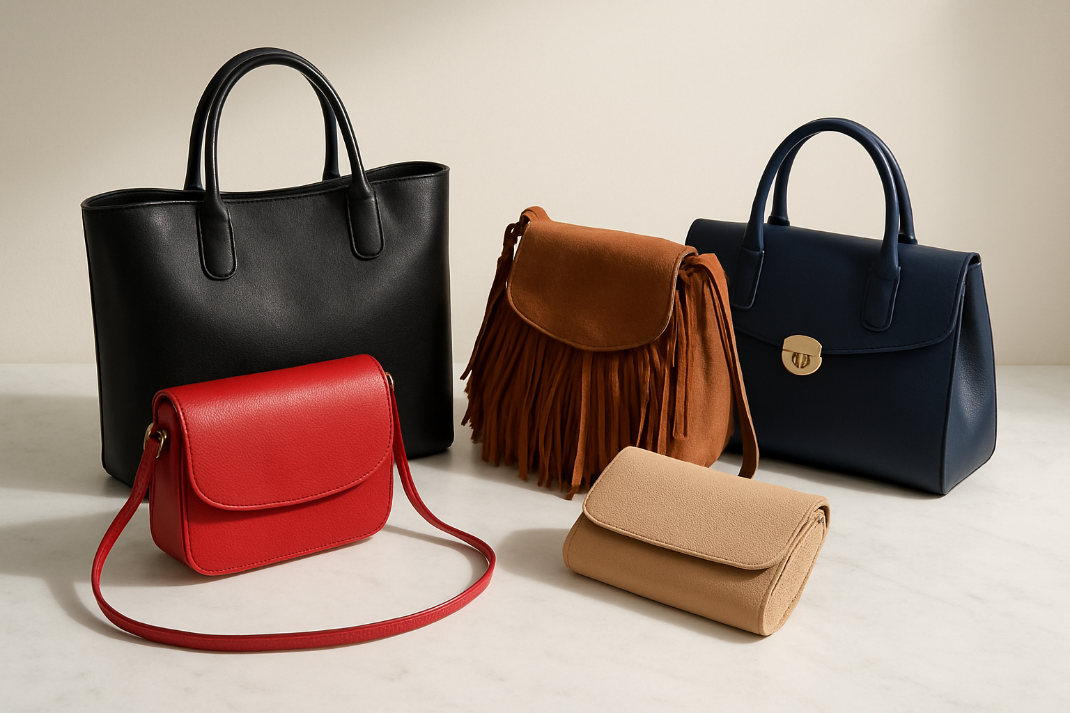 Create a realistic image of a diverse collection of handbags in different styles, colors, and sizes arranged aesthetically on a clean white marble surface, including a sleek black leather tote, a bright red crossbody bag, a small beige clutch, a bohemian brown fringe bag, and a structured navy blue satchel, with soft natural lighting from above creating gentle shadows, shot from a slightly elevated angle to showcase the variety and details of each bag's texture and design, with a minimalist background and warm, inviting atmosphere that suggests personal style and fashion choices, absolutely NO text should be in the scene.