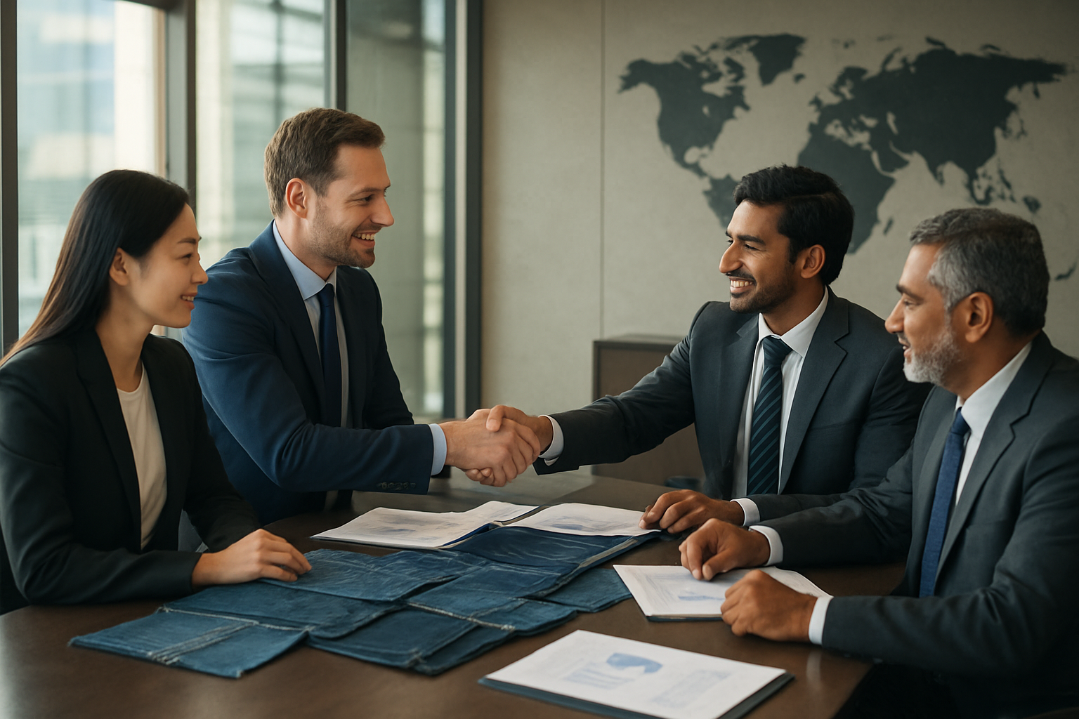 Create a realistic image of a professional business meeting scene with diverse international professionals including white male, Asian female, and Indian male business executives in formal attire sitting around a modern conference table, shaking hands and reviewing denim fabric samples and business documents, set in a contemporary glass-walled conference room with world map on the wall, warm natural lighting from large windows, conveying trust and partnership atmosphere, absolutely NO text should be in the scene.