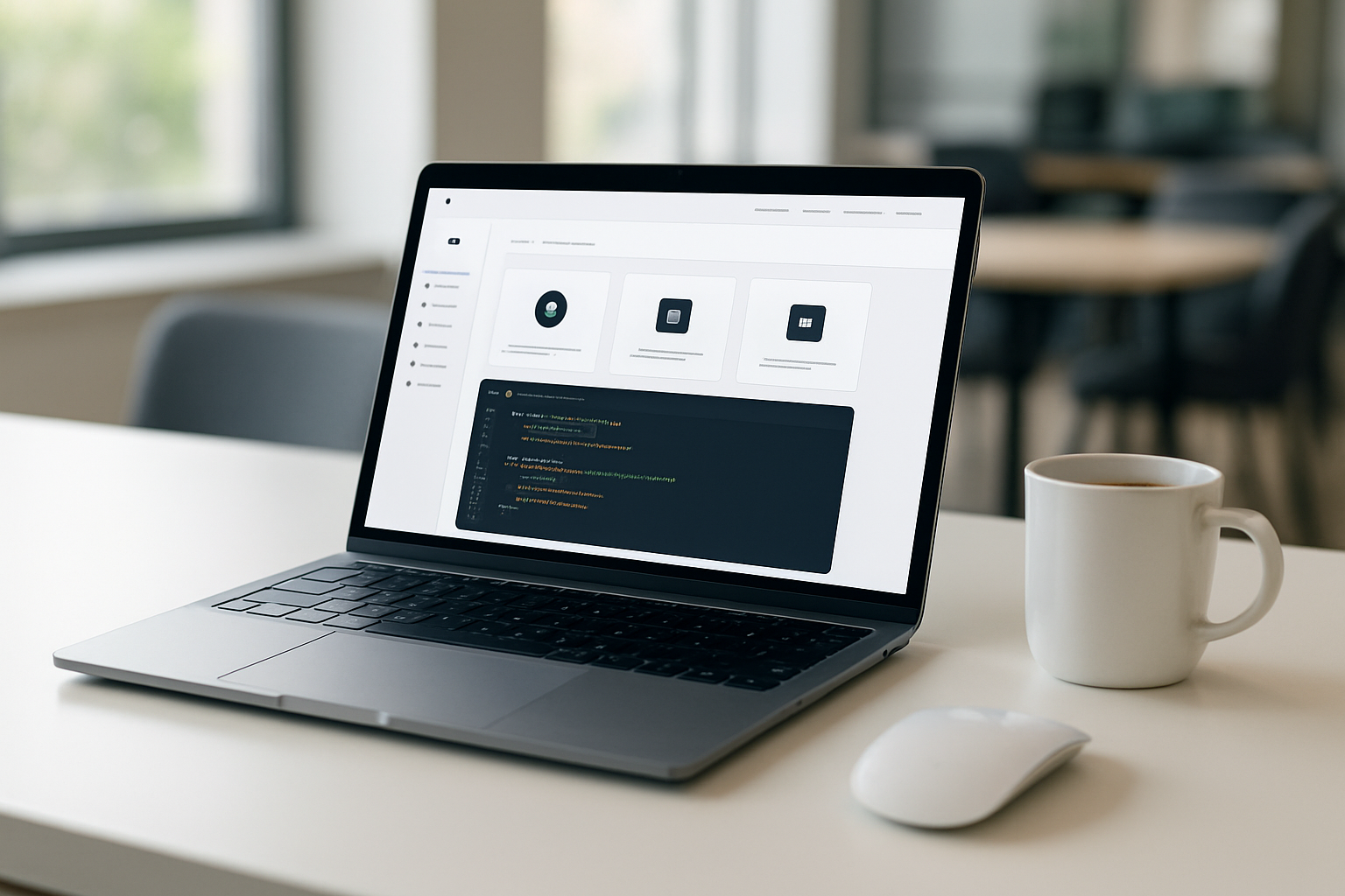 Create a realistic image of a modern workspace setup showing a sleek laptop computer with the Lovable AI platform interface visible on screen, featuring a clean dashboard with development tools and project creation options, positioned on a minimalist white desk with a wireless mouse and coffee cup nearby, bright natural lighting from a window, professional tech startup office environment in the background with blurred modern furniture, conveying an inviting and accessible beginning-to-code atmosphere, absolutely NO text should be in the scene.