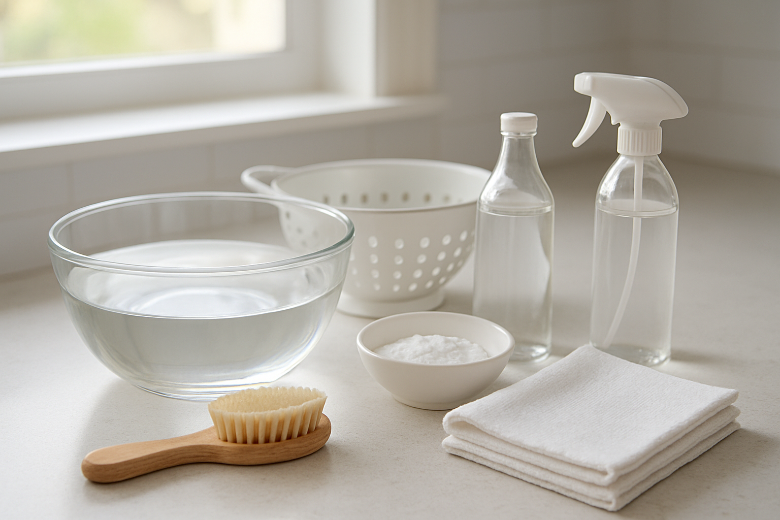 Create a realistic image of a clean kitchen counter displaying essential fruit washing tools and ingredients arranged neatly including a large glass bowl filled with clean water, a soft-bristled vegetable brush, a colander, white vinegar in a clear bottle, baking soda in a small bowl, clean kitchen towels, and a spray bottle, with bright natural lighting from a window creating a fresh and hygienic atmosphere, absolutely NO text should be in the scene.