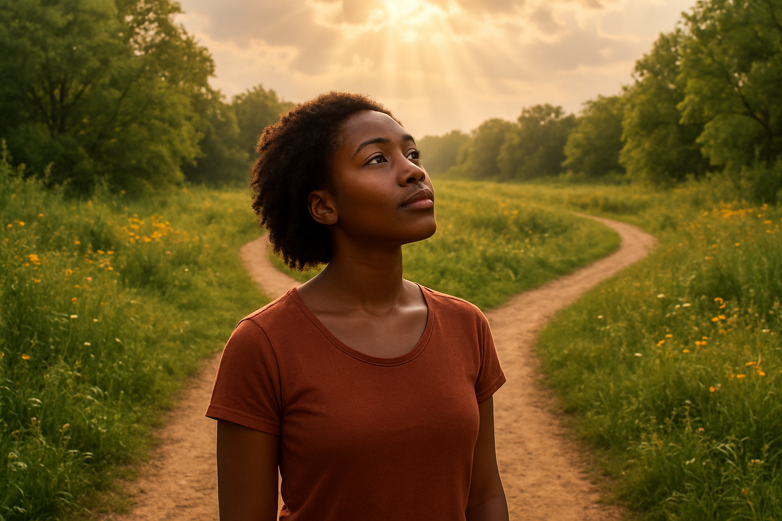 Create a realistic image of a young black woman standing at a crossroads path in a peaceful natural setting, looking upward with a contemplative and hopeful expression, golden sunlight streaming down through soft clouds above, multiple pathway options diverging ahead of her symbolizing life choices, lush greenery and wildflowers surrounding the paths, warm and inspiring lighting creating a sense of divine presence and guidance, serene and empowering mood, absolutely NO text should be in the scene.