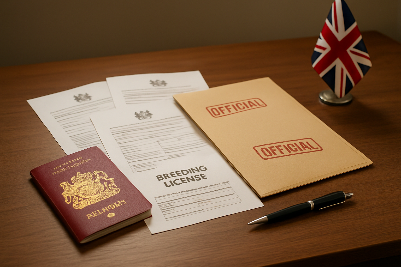 Create a realistic image of a wooden desk with official UK government documents spread out, including pet registration certificates and breeding licenses, alongside a manila folder labeled with official stamps, a British passport placed nearby, a professional pen, and a small Union Jack flag in the corner, with a warm office lighting and clean organized background, absolutely NO text should be in the scene.