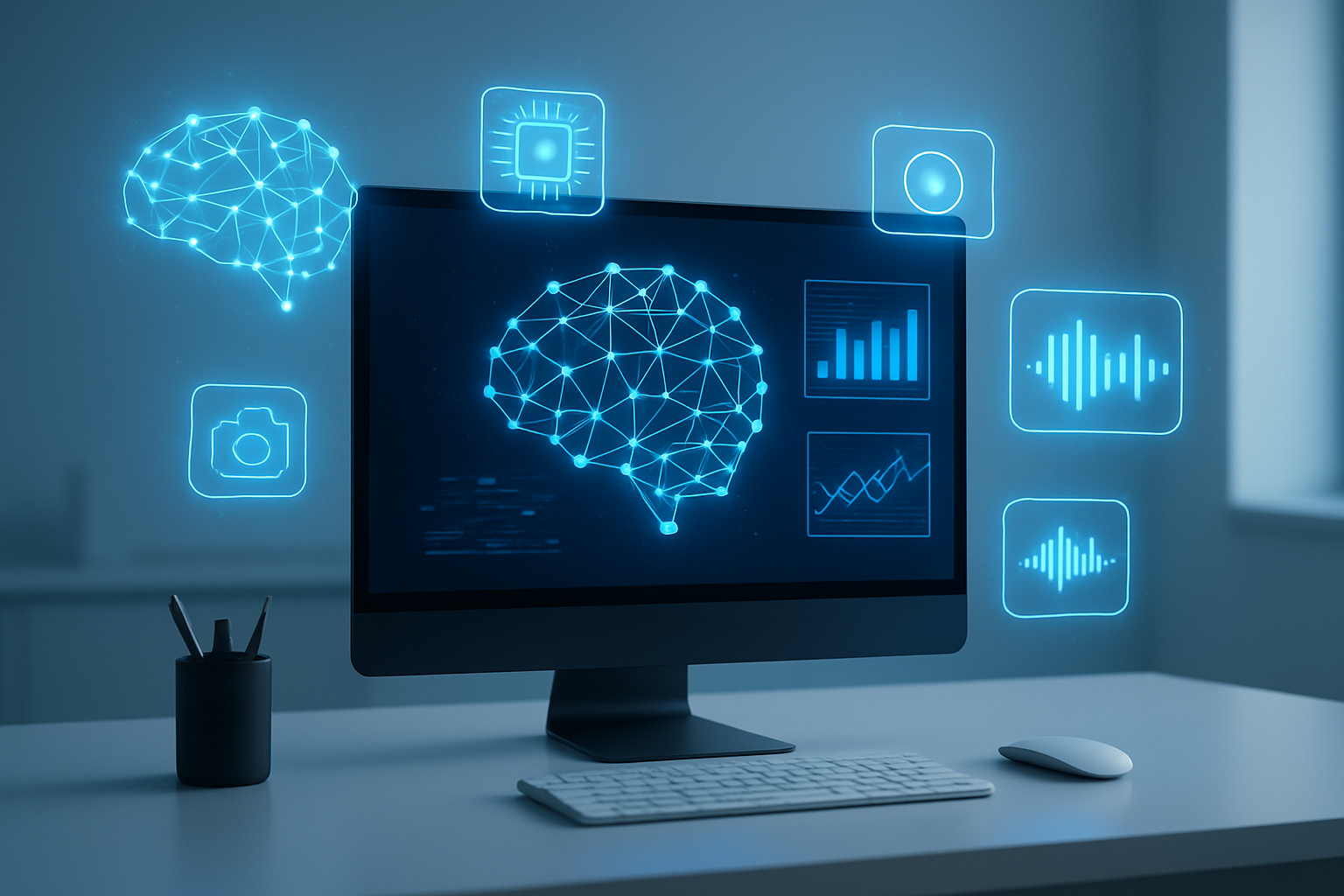 Create a realistic image of a modern digital workspace showing AI technology concepts for media applications, featuring a sleek computer monitor displaying neural network diagrams and data visualization charts, surrounded by floating holographic elements representing artificial intelligence including brain-like network nodes, circuit patterns, and media icons (camera, video, audio waveforms), set against a clean minimalist office environment with soft blue and white lighting, conveying innovation and technological advancement, absolutely NO text should be in the scene.