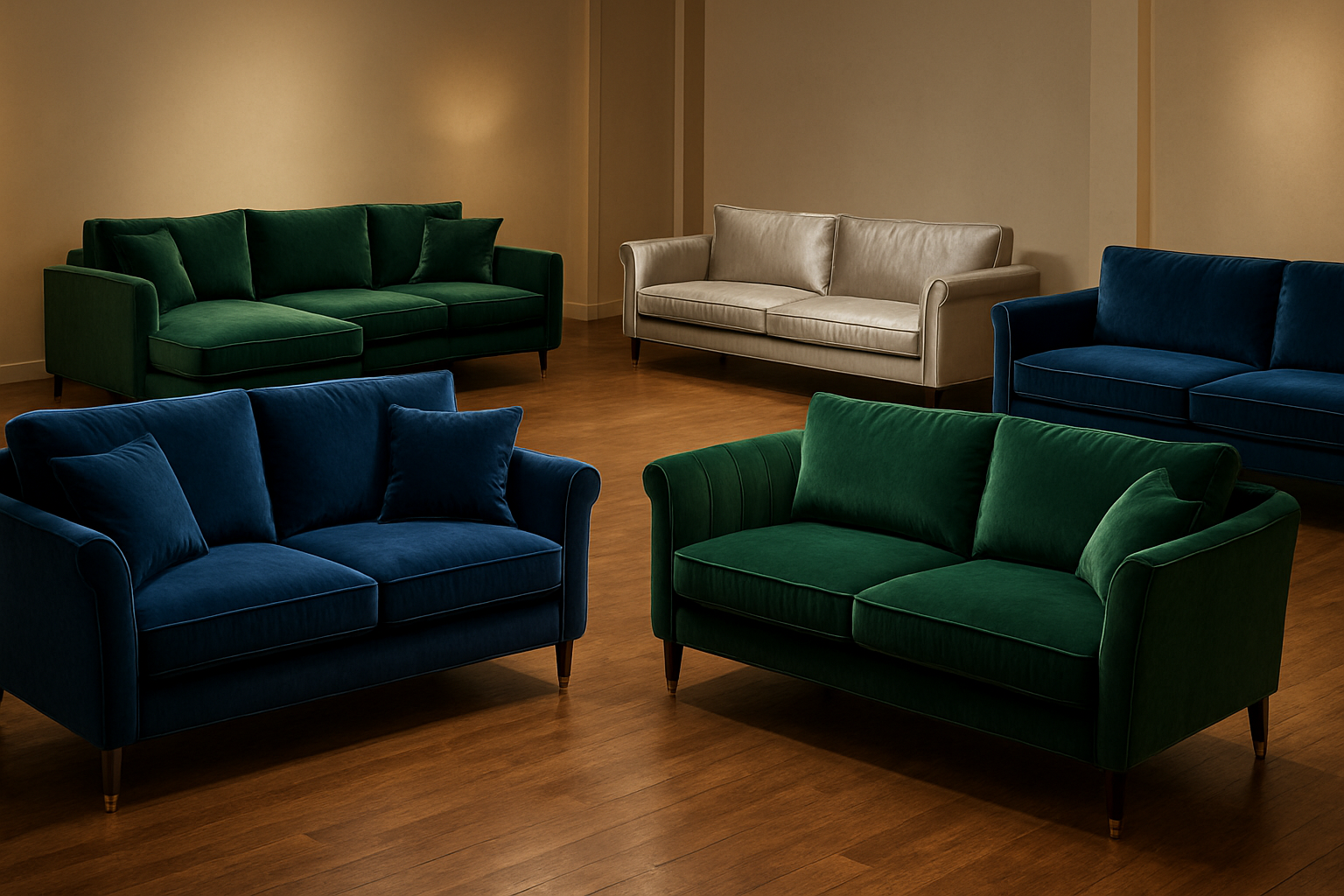 Create a realistic image of an elegant living room showroom displaying multiple luxurious shiny fabric sofas in different designs and styles, featuring glossy velvet and satin upholstery in rich colors like deep blue, emerald green, and silver, arranged in a sophisticated interior setting with warm ambient lighting, polished wooden floors, and neutral walls, showcasing various sofa configurations including sectionals, loveseats, and three-seaters with different arm styles and cushion arrangements, absolutely NO text should be in the scene.