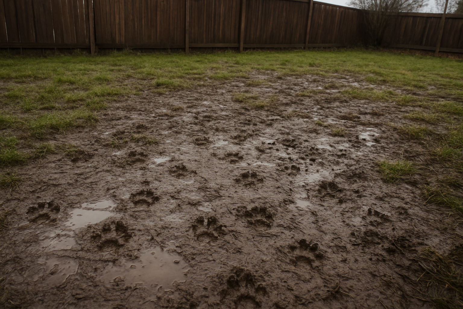 Create a realistic image of a muddy backyard with patches of bare soil, puddles of water, and visible paw prints scattered throughout the wet earth, showing a residential yard with sparse grass, areas of exposed dirt turned to mud from recent rain, a wooden fence in the background, overcast sky suggesting wet weather conditions, and natural outdoor lighting that emphasizes the soggy, problematic ground conditions that create muddy paws for dogs, absolutely NO text should be in the scene.