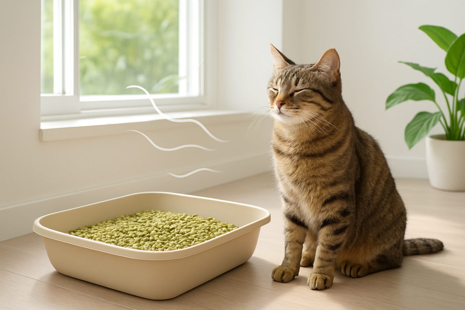 Create a realistic image of a clean, modern litter box filled with natural green eco-friendly cat litter with visible wood pellets or corn-based granules, positioned next to a content tabby cat in a bright, airy room with white walls and natural sunlight streaming through a window, showing fresh air circulation with subtle visual elements like an open window and green plants in the background to emphasize natural freshness and odor control, with a peaceful and clean atmosphere. Absolutely NO text should be in the scene.