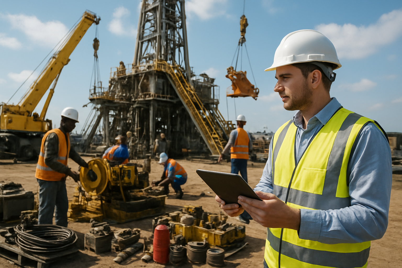 Create a realistic image of a busy onshore oil drilling rig site during an active upgrade operation, featuring a white male project manager in a hard hat and safety vest holding a tablet while coordinating with a diverse team of technicians working on heavy machinery, with cranes lifting new equipment components in the background, industrial tools and spare parts organized nearby, bright daylight illuminating the scene with a sense of organized efficiency and minimal operational disruption, absolutely NO text should be in the scene.