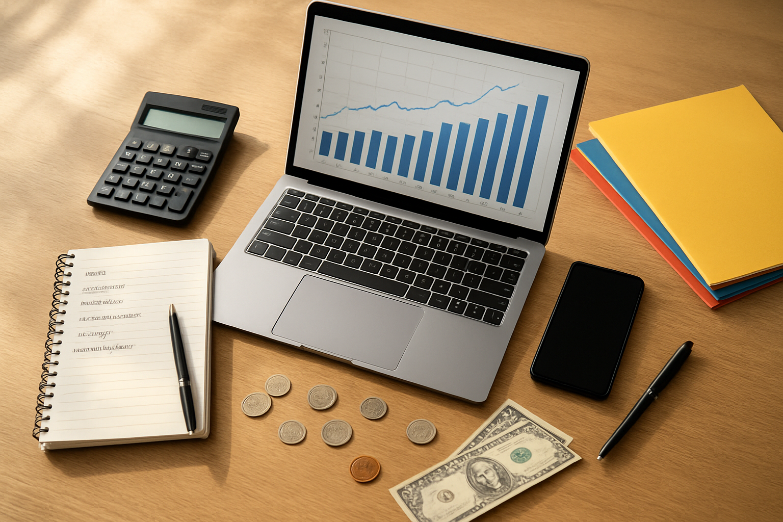 Create a realistic image of a clean, organized desk from above showing a laptop computer displaying financial charts and graphs, surrounded by a calculator, notebook with handwritten budget categories, colorful file folders, a smartphone, pens, and scattered coins and bills, with natural daylight streaming from the left side creating soft shadows, conveying a productive and systematic approach to personal finance management, absolutely NO text should be in the scene.