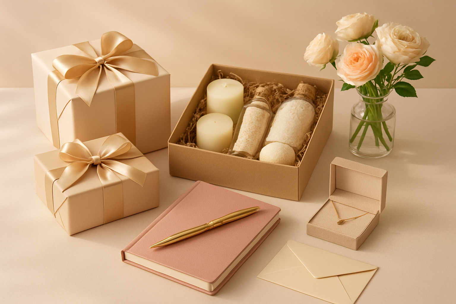 Create a realistic image of an elegant gift presentation scene featuring multiple thoughtful gifts for women arranged on a soft pastel background, including wrapped presents with delicate ribbons, a spa gift set with candles and bath products, a beautiful journal with a pen, fresh flowers in a vase, a piece of jewelry in an open box, and a gift card in an envelope, all artfully arranged with warm, natural lighting creating gentle shadows, conveying a sense of care and thoughtfulness. Absolutely NO text should be in the scene.