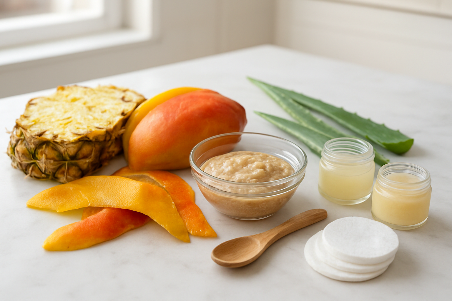 Create a realistic image of tropical fruit peels including pineapple rinds, mango peels, and papaya skins arranged on a clean white marble countertop alongside natural beauty items like a glass bowl containing a homemade face mask, small glass jars with DIY skincare preparations, a wooden spoon for mixing, fresh aloe vera leaves, and cotton pads, with soft natural lighting from a nearby window creating gentle shadows, conveying a spa-like wellness atmosphere in a modern kitchen setting, absolutely NO text should be in the scene.