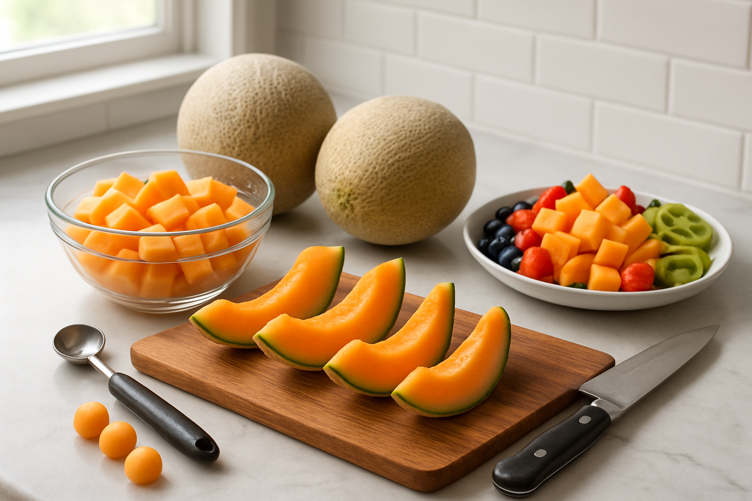 Create a realistic image of a kitchen countertop scene showcasing various cantaloupe preparation methods and serving ideas, featuring whole cantaloupes, cantaloupe wedges, cubed pieces in a glass bowl, cantaloupe slices arranged on a wooden cutting board, a melon baller with small cantaloupe spheres, a sharp knife, and an elegant fruit platter with cantaloupe pieces alongside other colorful fruits, all set against a clean white marble countertop with natural daylight streaming in from a window, creating a fresh and appetizing atmosphere, absolutely NO text should be in the scene.