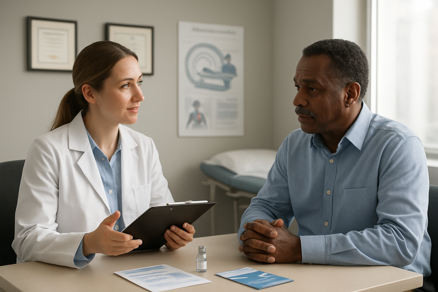 Create a realistic image of a professional medical consultation scene with a white female doctor in a white coat sitting across from a middle-aged black male patient in a modern hospital examination room, the doctor holding a clipboard while explaining MRI safety procedures, with an MRI contrast agent vial and medical safety information pamphlets visible on the desk between them, soft natural lighting from a window creating a calm and reassuring atmosphere, medical diplomas and safety charts visible on the wall in the background, absolutely NO text should be in the scene.