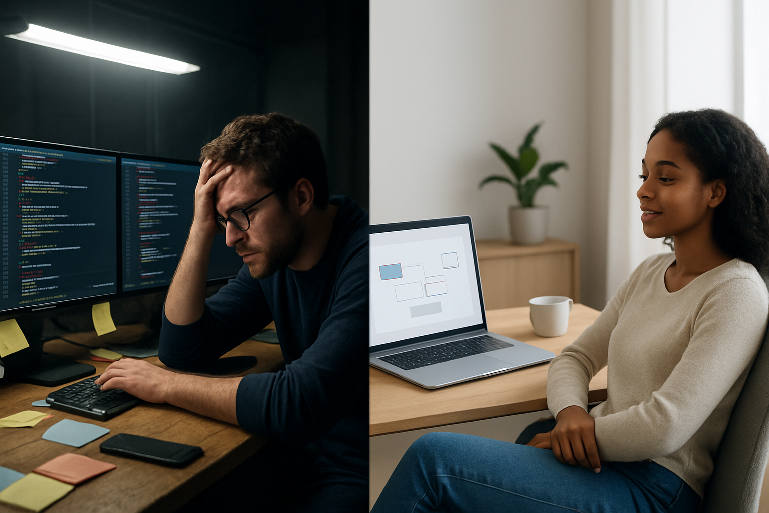 Create a realistic image of a split-screen comparison showing two contrasting software development approaches: on the left side, a cluttered desk with multiple monitors displaying complex code, sticky notes, coffee cups, and a stressed white male developer working late at night under harsh fluorescent lighting; on the right side, a clean, modern workspace with a single laptop displaying a sleek AI interface with drag-and-drop elements, a relaxed black female developer sitting comfortably in natural daylight, with minimalist decor and a calm atmosphere, emphasizing the contrast between traditional coding complexity and AI-assisted simplicity, absolutely NO text should be in the scene.