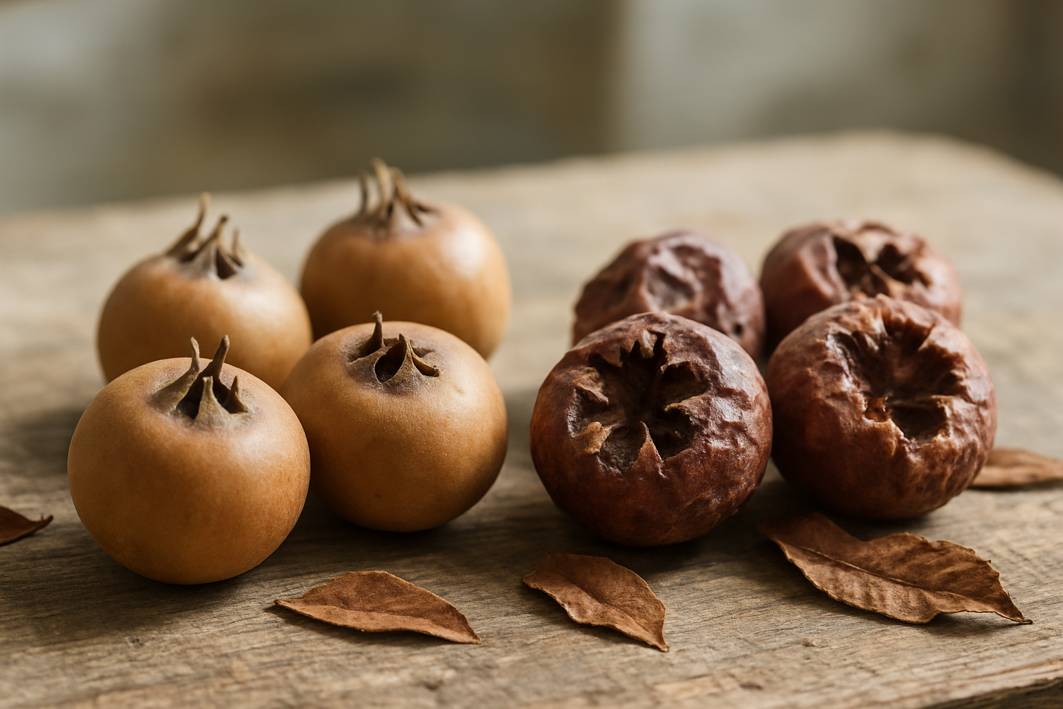Create a realistic image of medlar fruits in two distinct stages showing the transformation process, with unripe hard brown medlar fruits on the left side appearing firm and closed, and fully ripened soft medlar fruits on the right side appearing darker, wrinkled, and slightly split open, arranged on a rustic wooden surface with natural daylight illuminating the scene to highlight the textural differences between the stages, surrounded by a few scattered brown leaves, with a soft blurred background suggesting a kitchen or natural setting, absolutely NO text should be in the scene.