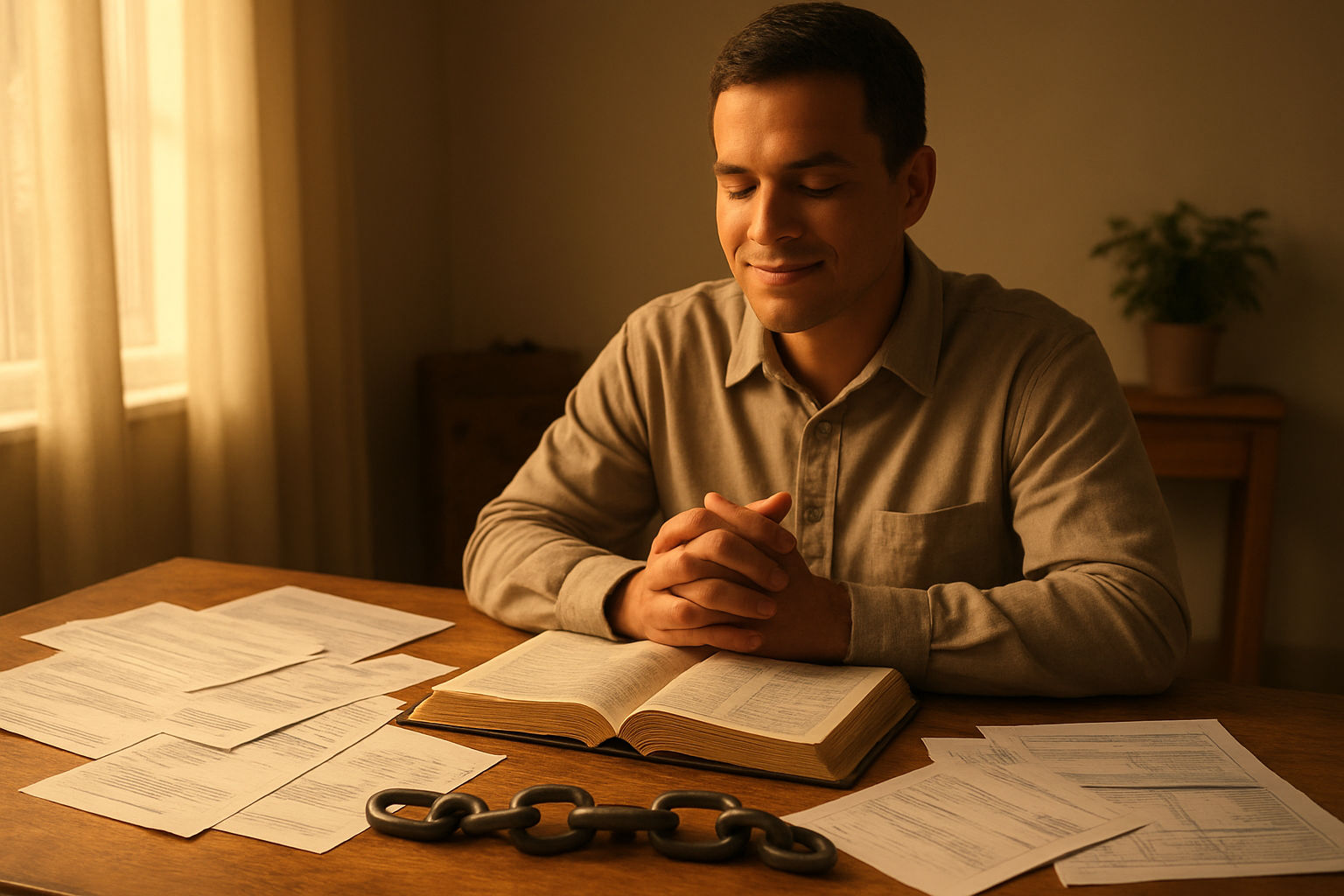 Create a realistic image of a person sitting at a wooden desk with an open Bible and financial documents including bills and bank statements scattered around, with broken chain links symbolically placed nearby representing freedom from debt, warm golden lighting streaming through a window creating a hopeful atmosphere, the scene showing a peaceful home office environment with the person appearing contemplative and relieved, absolutely NO text should be in the scene.